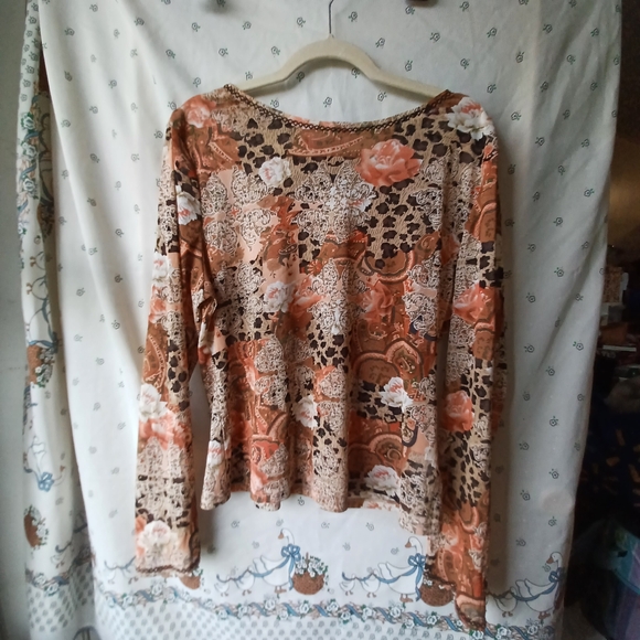 Sheer Floral Long Sleeve Top - Brown and Cream - Picture 2 of 3